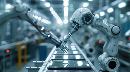 Aufkleber - Assembly and movement of small shiny objects using robotic arms in aerospace manufacturing. Generative AI.