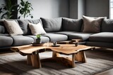 Fototapeta  - Close up of natural wood rustic live edge coffee table near grey sofa. Minimalist home interior design of modern living room. 