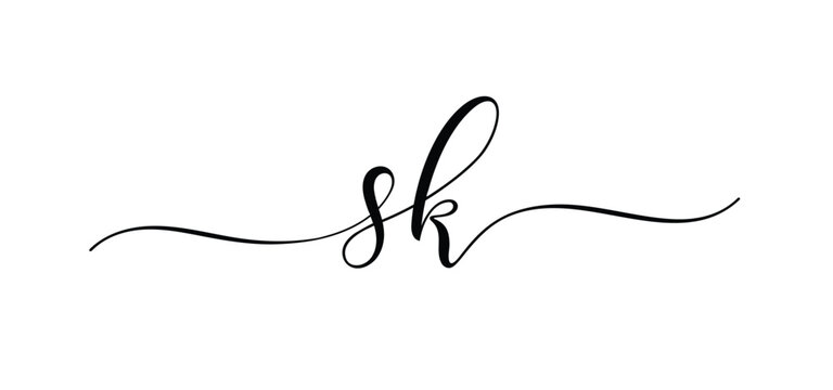 Letter SK Initial Icon Logo Typography. Hand drawn modern vector calligraphy with brush stroke. Simple inscription with swashes wavy line lettering text. Wedding card Initials template