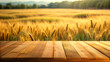 Wooden table with blurred wheat background