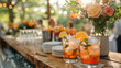 © visoot - Cocktails being served wedding reception, modern bar setup, outdoor rustic wedding table with cocktails made and waiting. Generative AI.