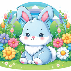 cute rabbit sitting in a flower park colorful vector illustration