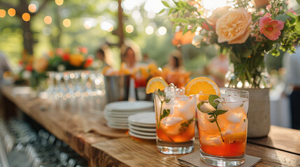 Poster - Cocktails being served wedding reception, modern bar setup, outdoor rustic wedding table with cocktails made and waiting. Generative AI.