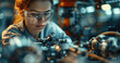 © visoot - Female mechanical engineer with glasses, using advanced tools to assemble a high-performance carbon fiber racing car part in a dynamic industrial workshop. Generative AI.