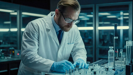 Poster - scientists in white coats working with test tubes in modern laboratory