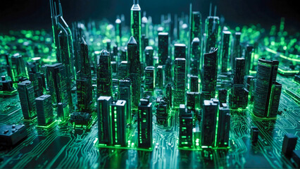 Poster - Abstract microcircuit background. Electronic circuit board and a big data city