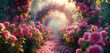 Pink roses arch in a garden, vibrant colors. Generative AI.