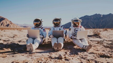 Wall Mural - astronauts with laptops on mars generative ai