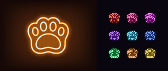 Poster - Outline neon pet paw icon set. Glowing neon cute paw sign and silhouette. Animal footprint, kitten or puppy paw, pet care and aid, animal shelter and vet, cat and dog shop, pet health. Vector icon set
