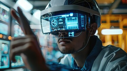 Wall Mural - Engineer using a AR goggles designing a dashboard in a control room. Generative AI.