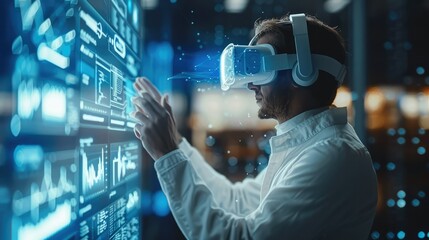 Poster - A man in white clothes and VR glasses touching virtual screen with charts, future, metaverse. Generative AI.