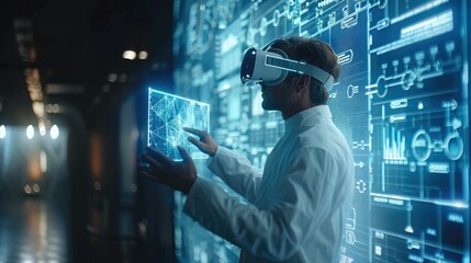 Aufkleber - A man in white clothes and VR glasses touching virtual screen with charts, future, metaverse. Generative AI.