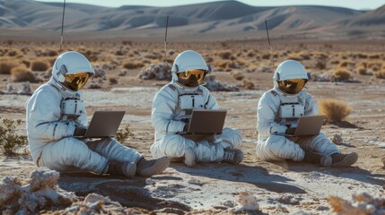Wall Mural - astronauts with laptops on mars generative ai