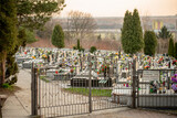 Fototapeta Kwiaty - cemetery gate and tombstones