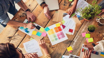 Wall Mural - ?lose-up view of several hands collaboratively working on a project with colorful sticky notes, pape