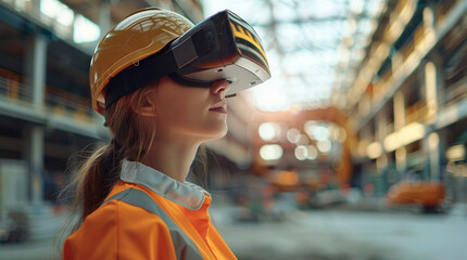 Poster - Female engineer wearing VR glasses working is a modern construction site. Generative AI.