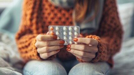 Woman holding birth control pills generative ai