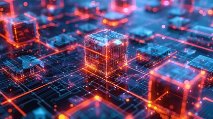 Poster - An abstract representation of blockchain blocks interconnected by glowing lines, illustrating the secure and transparent nature of blockchain networks. Generative AI.