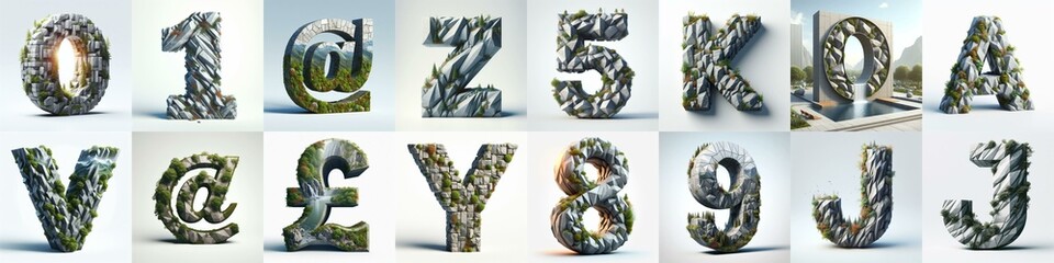 Granite polygonal 3D Lettering Typeface. AI generated illustration