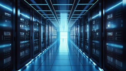 Poster - Internet concept data background,Corridor in Working Data Center Full of Rack Servers and Supercomputers