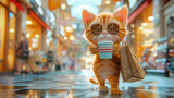 Fototapeta Na ścianę - Cute Cat with Shopping bag drinking coffee in department store, happiness, consumerism, sale concept.