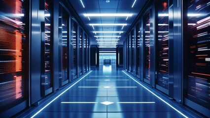 Poster - Internet concept data background,Corridor in Working Data Center Full of Rack Servers and Supercomputers