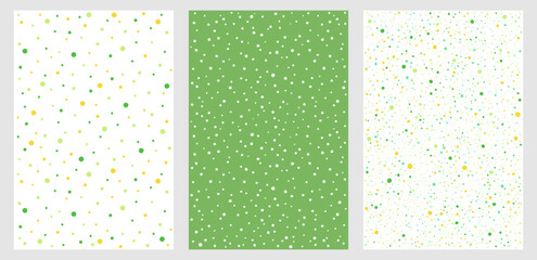 Poster - Chaotic even spots or uneven dots seamless vector dotted patterns set. Hand drawn paint splash textures collection. Green spray, tiny specks, blobs, flecks abstract spring, eco, vegan backgrounds. 