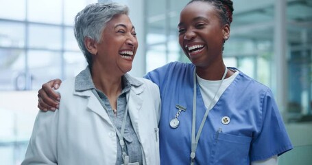 Poster - Happy women, face or doctors with tablet for healthcare or telehealth in medical team in hospital. Specialist, nurse or professional portrait by touchscreen, collaboration or online support in clinic
