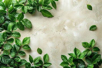 Poster - Top view of a flat beige rough plastered surface with a frame on three corners of bright green leaves on the background