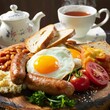 English breakfast. Fried eggs, sausages, beans, bread toasts, tomatoes, cheese on a wooden background