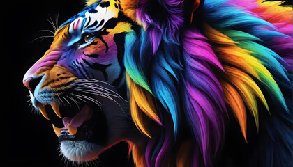 Growling Neon Abstract  multicolored Lion on a dark bokeh background
