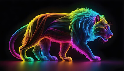 Growling Neon Abstract  multicolored Lion on a dark bokeh background
