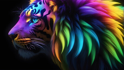 Growling Neon Abstract  multicolored Lion on a dark bokeh background
