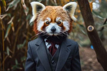 Dapper Anthropomorphic red panda dressed suit. Cute face art wear cool. Generate Ai