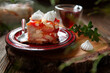 Sweet fresh homemade tiramisu dessert with blood orange confit