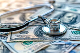 Fototapeta  - State of American healthcare represented by stethoscope and United States currency, medical decisions dictated by costs, generative ai