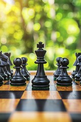 Poster - Success strategy  chess game on board, leadership concept with copy space on blurred background