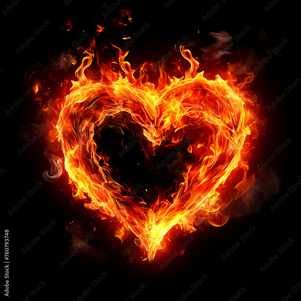 Fire heart isolated on black background. Flame symbol of love. Intense ...
