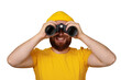 smiling man looking into binoculars isolated on transparent background