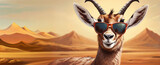 Portrait of an antelope in sunglasses on the background of a desert landscape