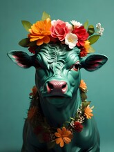 Close Up, Green Cow Wearing A Colorful Big Flower Crown. Very Minimalistic Style, Green Background.