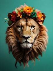 Wall Mural - Close up, lion wearing a colorful big flower crown. Very minimalistic style, green background.