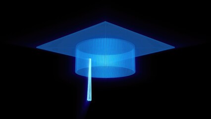 Graduation cap in blue light on black background. 3D neon rendering.