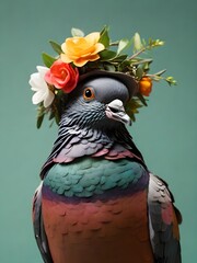 Wall Mural - Close up, pigeon wearing a colorful big flower crown. Very minimalistic style, green background.