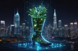 Supper techonology concept, A Young Glowing plant growing on computer chip representing digital ecology business and blurred background, Natural, Tech, light, night.