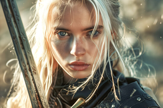 Portrait of beautiful blonde warrior girl with sword in style of combat fantasy