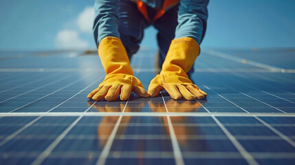 Wall Mural - A technician in yellow gloves installing photovoltaic solar panel system on the rooftop. Alternative energy concept.