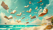 Illustration for your books for summer recommendations : Various books are flying through a typical summer beach scenery
