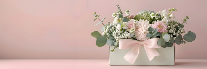Wall Mural - delicate flower gift box with a bow with brassica,trachelium,dianthus,eucalyptus,lisianthus,sedum,dahlia,pink background,copy space,floristry concept,greeting and festive materials,floral design