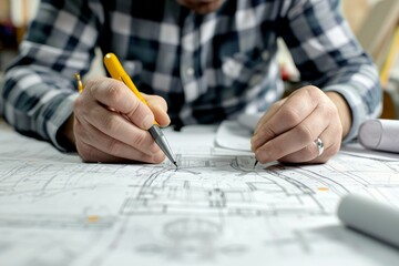 Poster - Intricate Architect draw building plans. Man construction plan project working. Generate Ai
